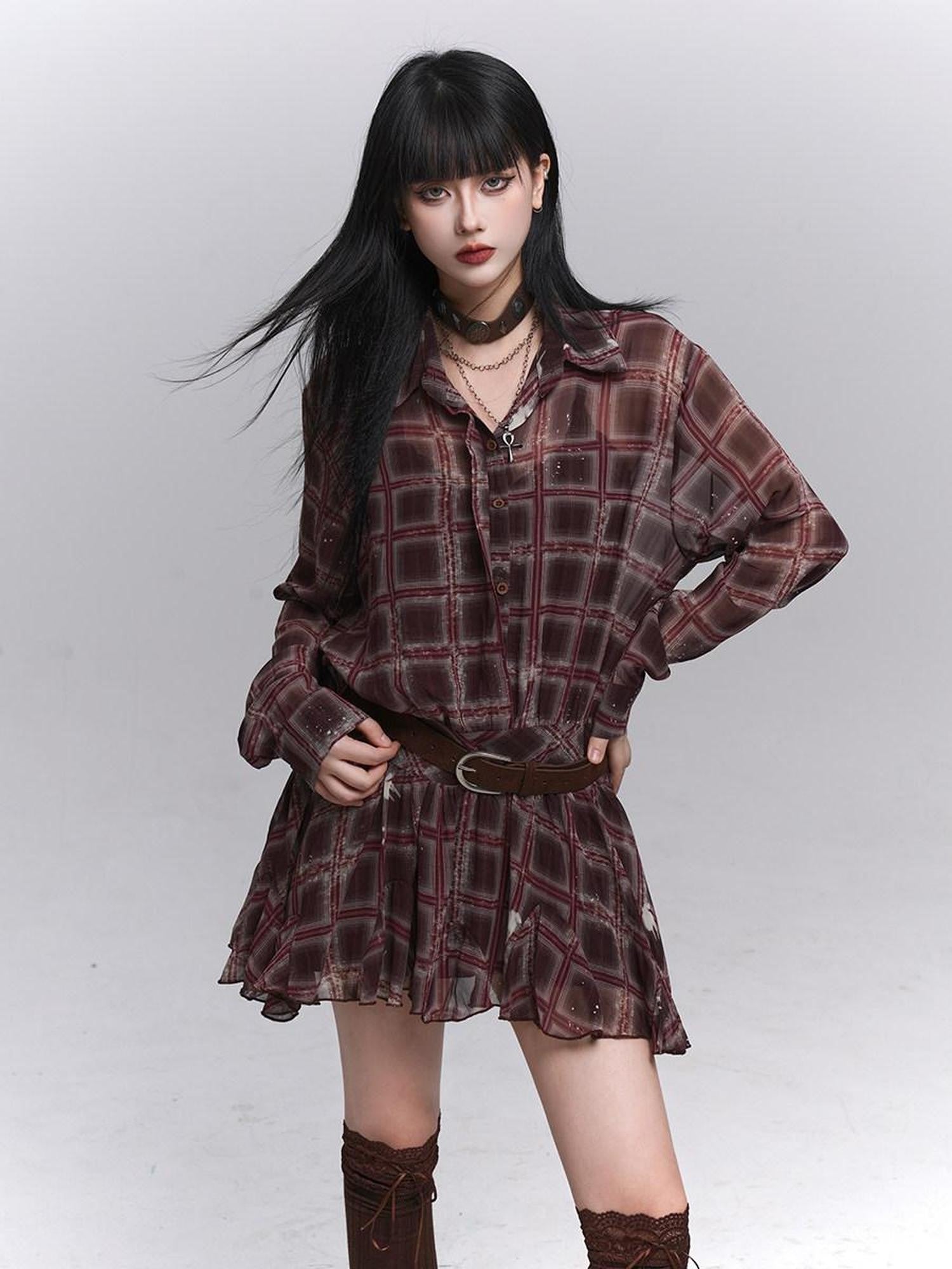 LADYGHOST Ethereal Plaid Long Sleeve Shirt Dress Women&