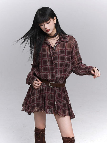LADYGHOST Ethereal Plaid Long Sleeve Shirt Dress Women&