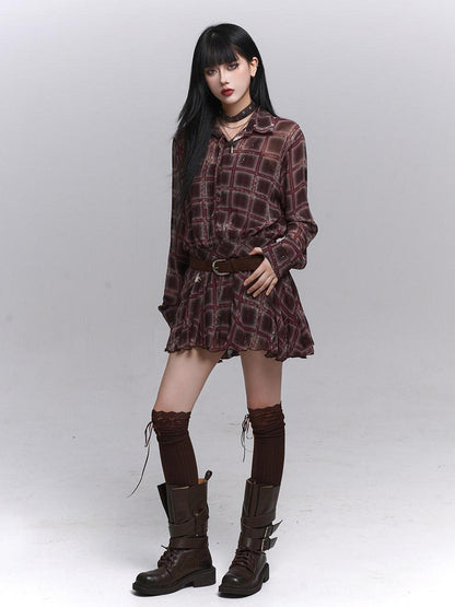 LADYGHOST Ethereal Plaid Long Sleeve Shirt Dress Women&