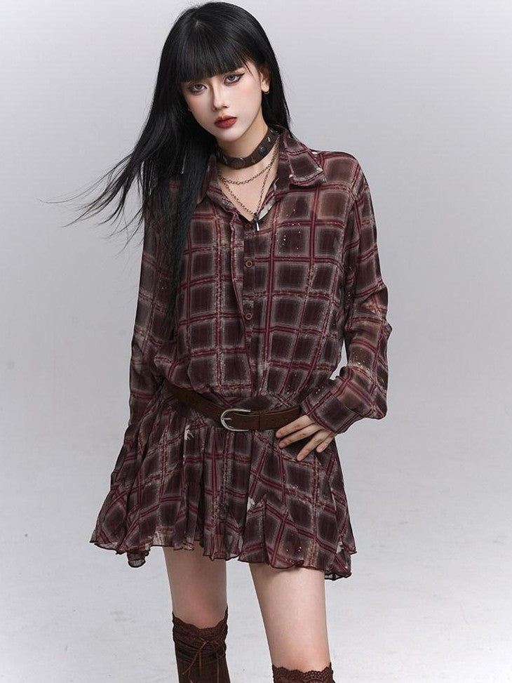 LADYGHOST Ethereal Plaid Long Sleeve Shirt Dress Women&