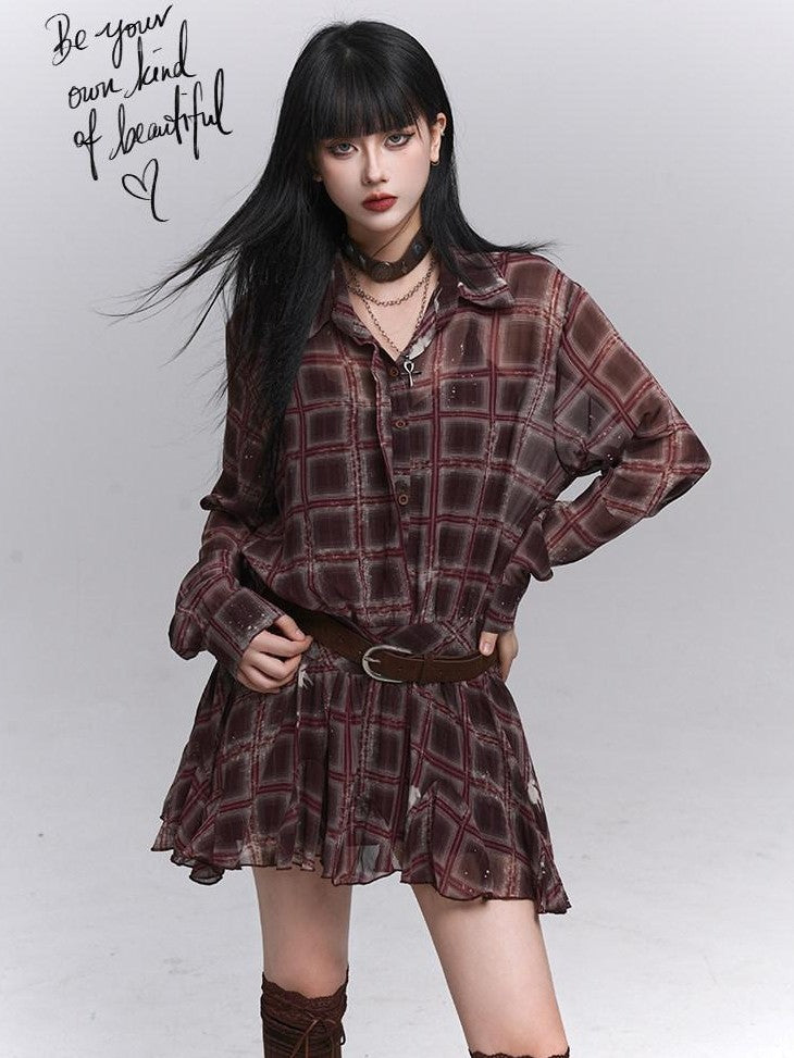 LADYGHOST Ethereal Plaid Long Sleeve Shirt Dress Women&