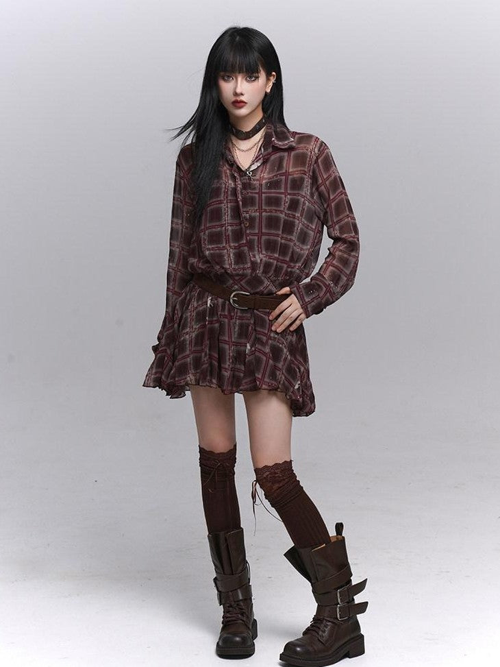 LADYGHOST Ethereal Plaid Long Sleeve Shirt Dress Women&