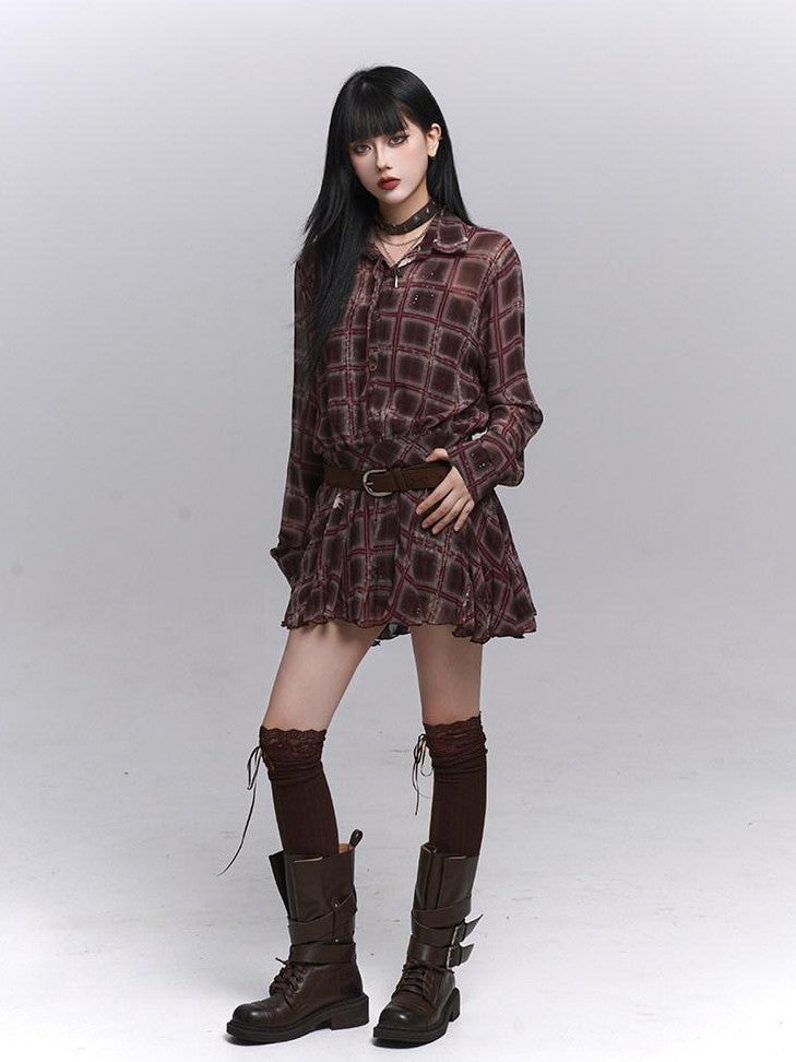 LADYGHOST Ethereal Plaid Long Sleeve Shirt Dress Women&
