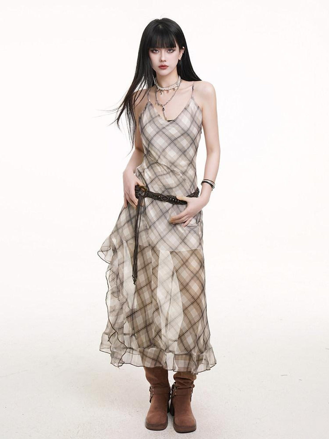 LADYGHOST Ethereal Plaid Spaghetti Strap Cami Women&