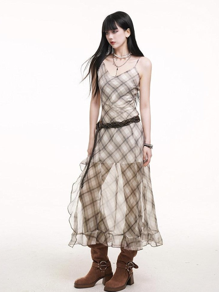 LADYGHOST Ethereal Plaid Spaghetti Strap Cami Women&