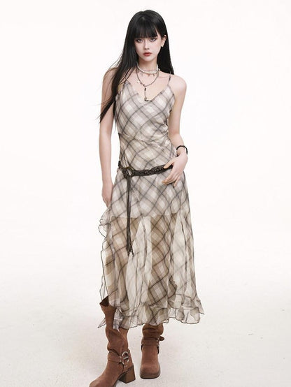 LADYGHOST Ethereal Plaid Spaghetti Strap Cami Women&