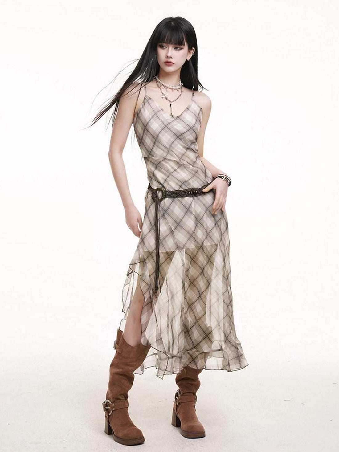 LADYGHOST Ethereal Plaid Spaghetti Strap Cami Women&
