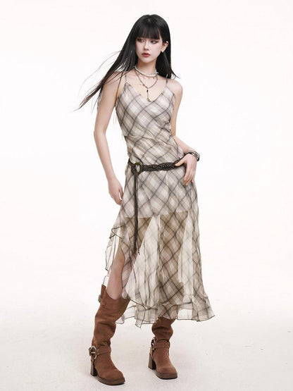 LADYGHOST Ethereal Plaid Spaghetti Strap Cami Women&