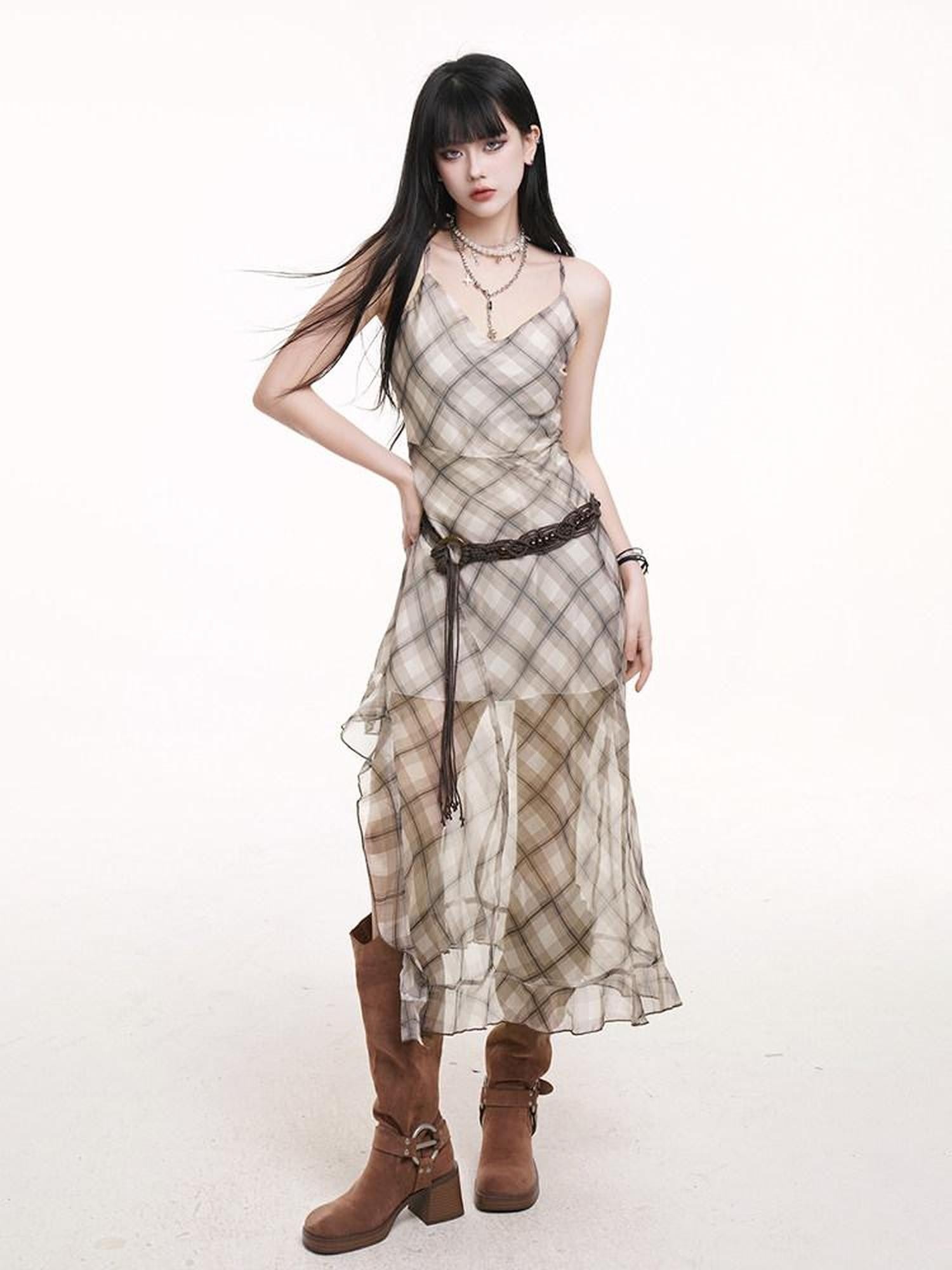 LADYGHOST Ethereal Plaid Spaghetti Strap Cami Women&
