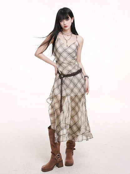 LADYGHOST Ethereal Plaid Spaghetti Strap Cami Women&