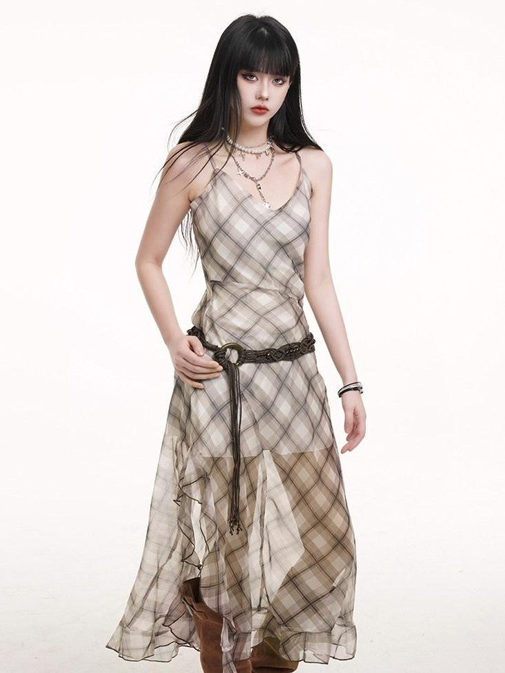 LADYGHOST Ethereal Plaid Spaghetti Strap Cami Women&