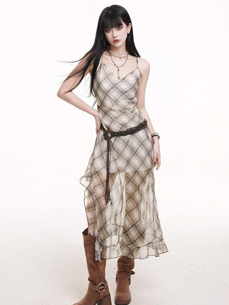 LADYGHOST Ethereal Plaid Spaghetti Strap Cami Women&