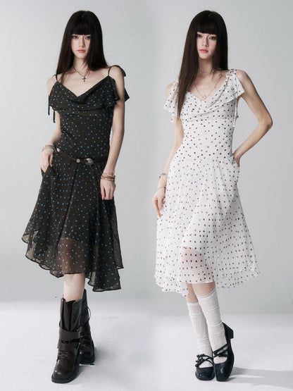 LADYGHOST Ethereal Polka Dot Draped Neck French Chic Women&