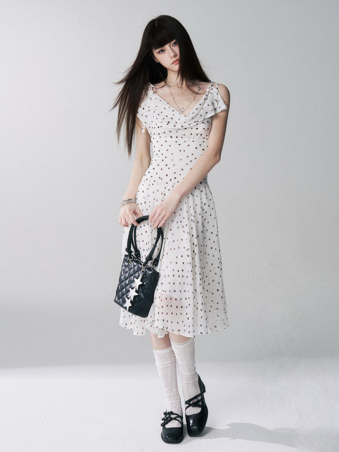 LADYGHOST Ethereal Polka Dot Draped Neck French Chic Women&