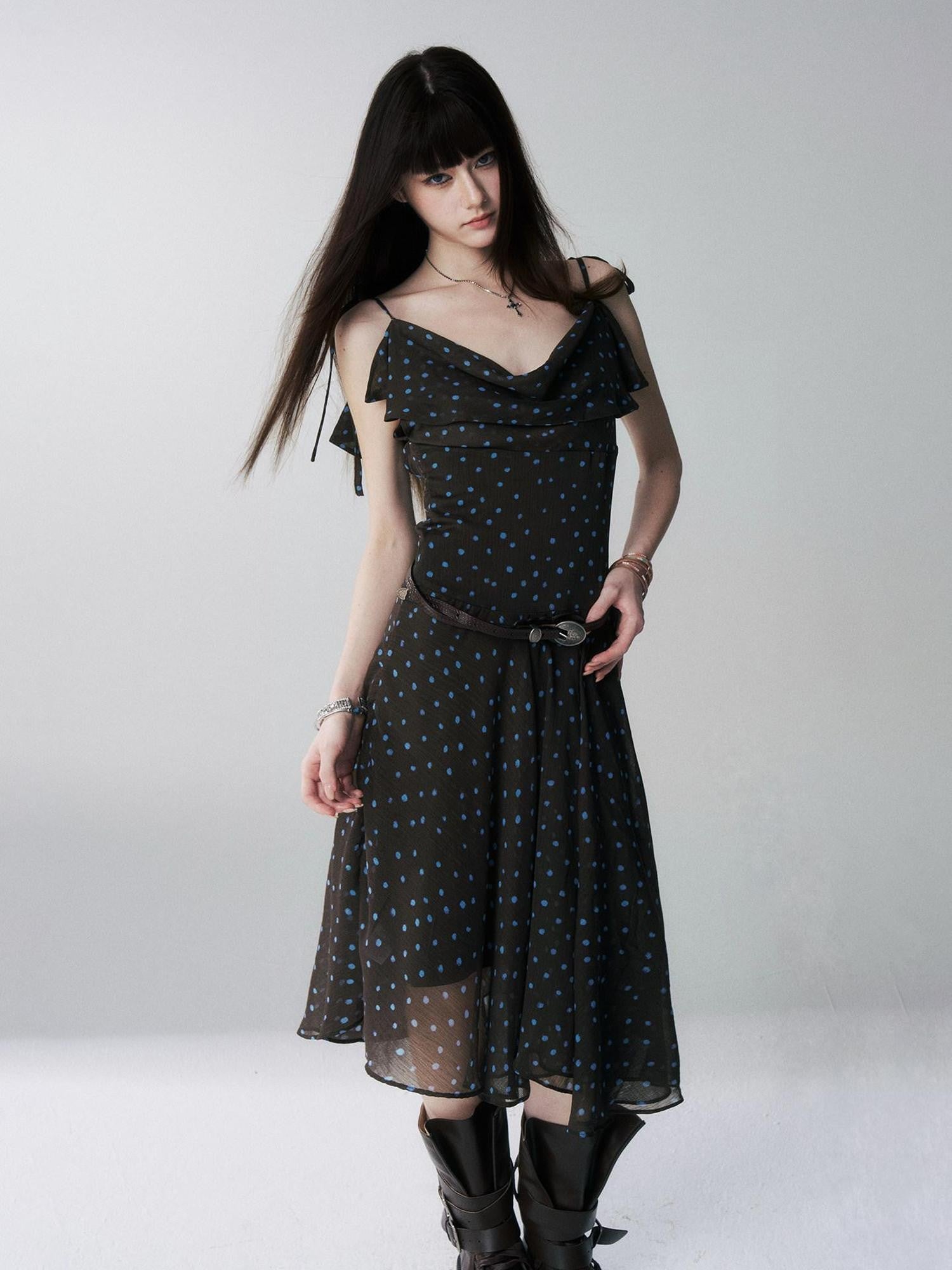LADYGHOST Ethereal Polka Dot Draped Neck French Chic Women&