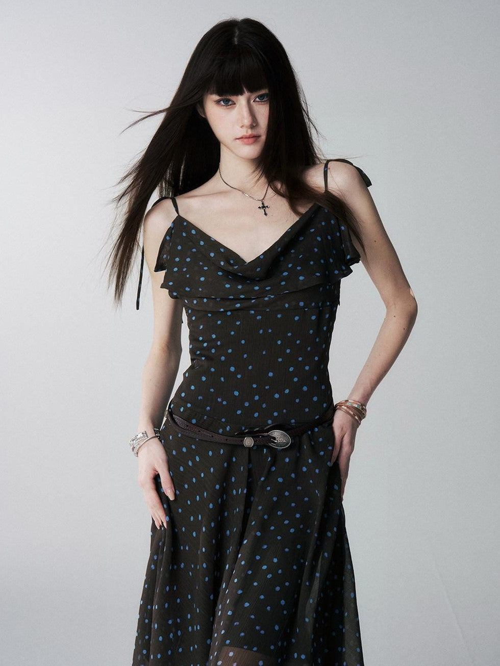 LADYGHOST Ethereal Polka Dot Draped Neck French Chic Women&