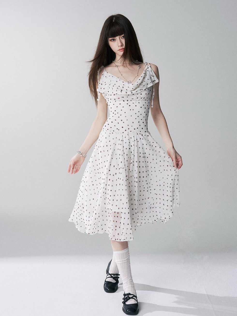 LADYGHOST Ethereal Polka Dot Draped Neck French Chic Women&