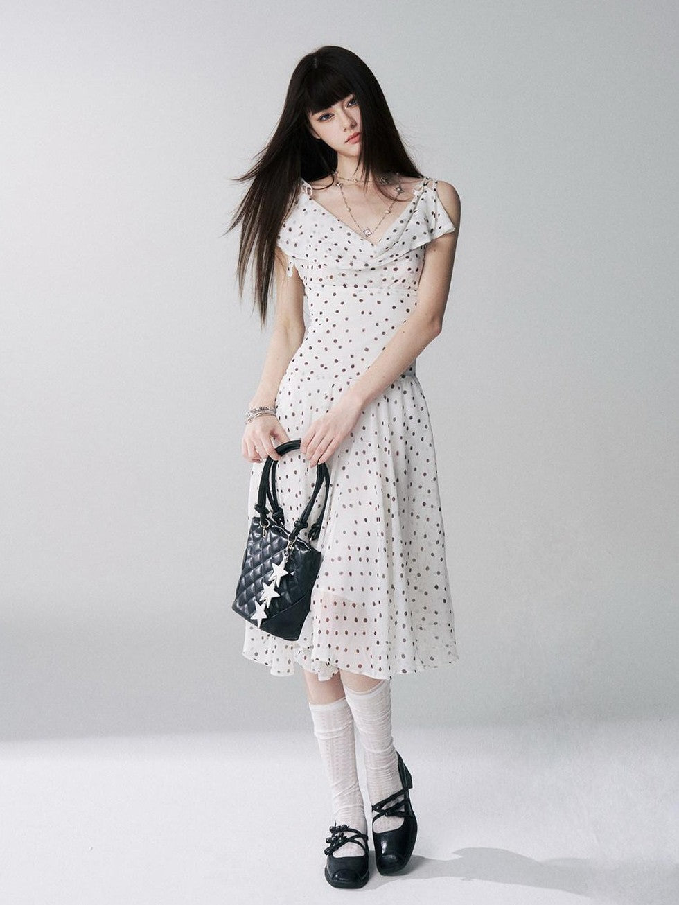 LADYGHOST Ethereal Polka Dot Draped Neck French Chic Women&