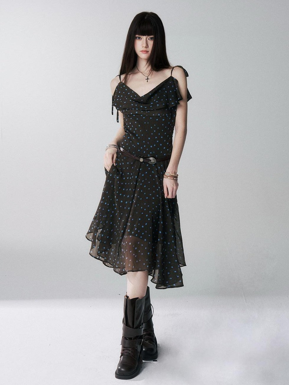 LADYGHOST Ethereal Polka Dot Draped Neck French Chic Women&