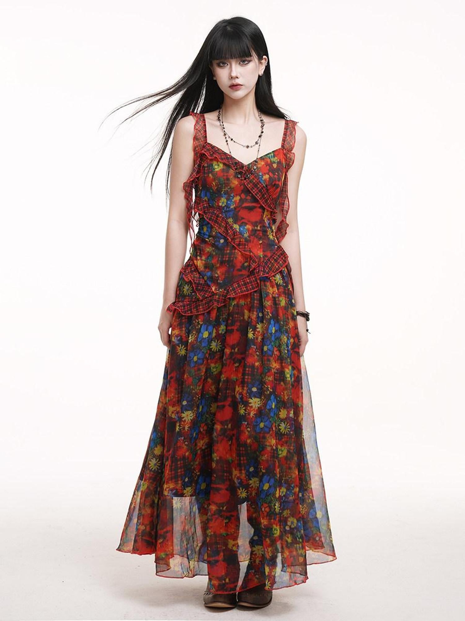 LADYGHOST Ethereal Red Floral Print Spaghetti Strap Women&