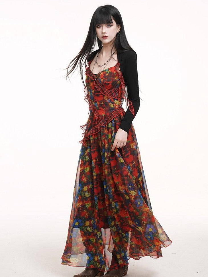 LADYGHOST Ethereal Red Floral Print Spaghetti Strap Women&