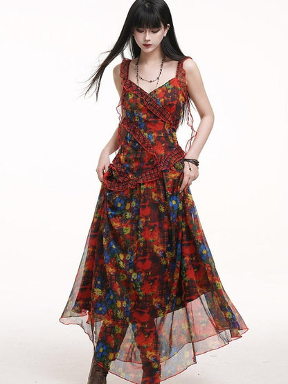 LADYGHOST Ethereal Red Floral Print Spaghetti Strap Women&