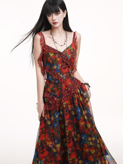 LADYGHOST Ethereal Red Floral Print Spaghetti Strap Women&