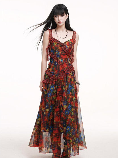 LADYGHOST Ethereal Red Floral Print Spaghetti Strap Women&