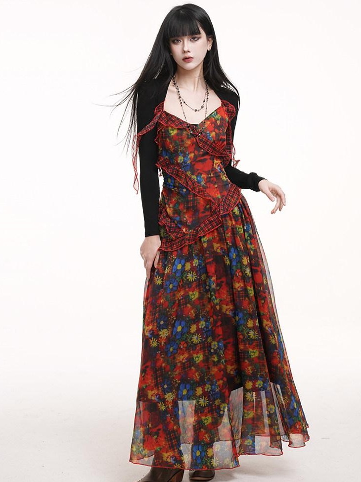 LADYGHOST Ethereal Red Floral Print Spaghetti Strap Women&
