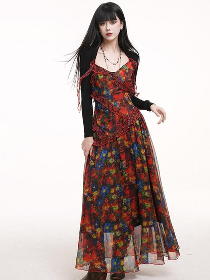 LADYGHOST Ethereal Red Floral Print Spaghetti Strap Women&