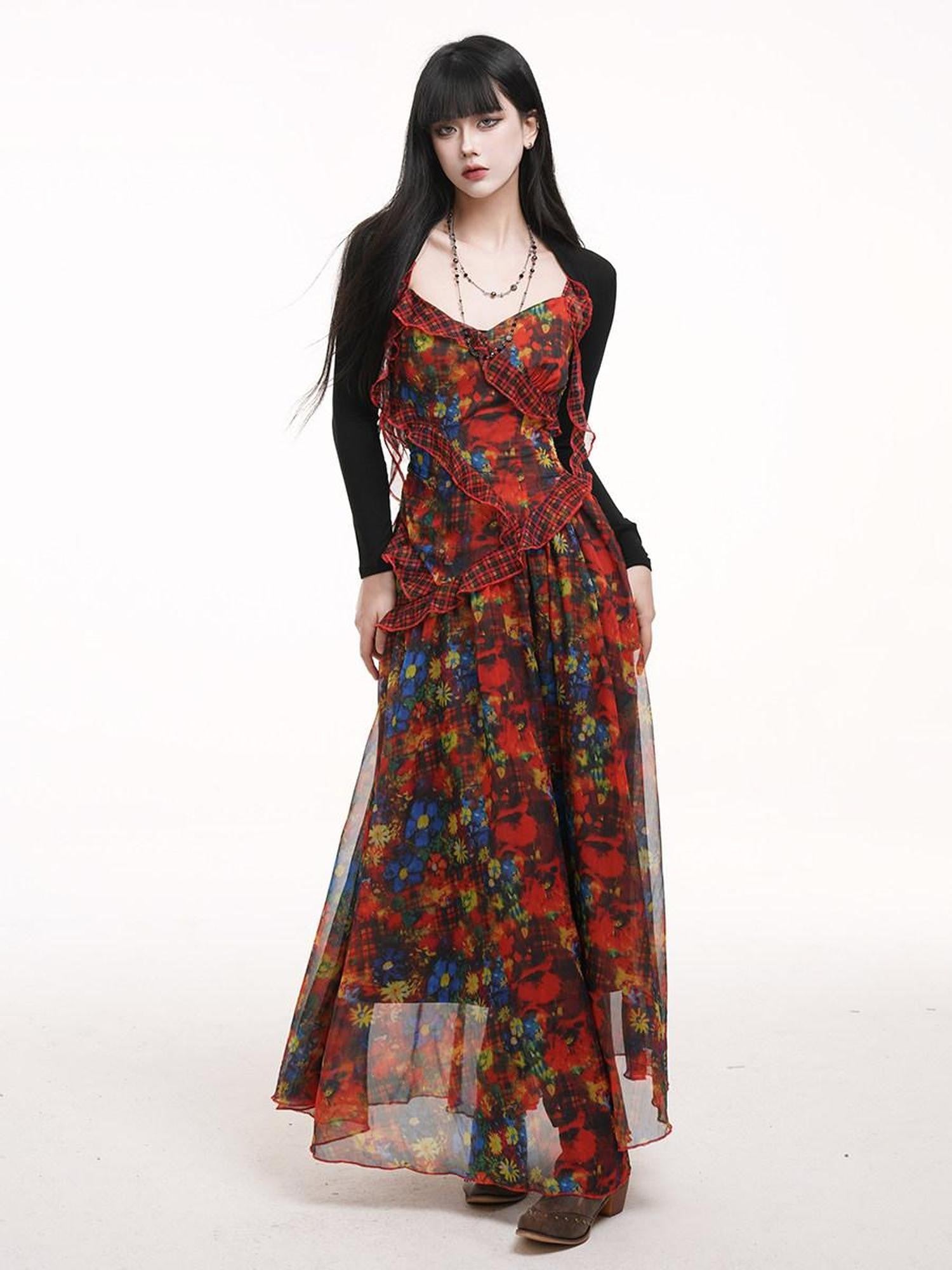 LADYGHOST Ethereal Red Floral Print Spaghetti Strap Women&