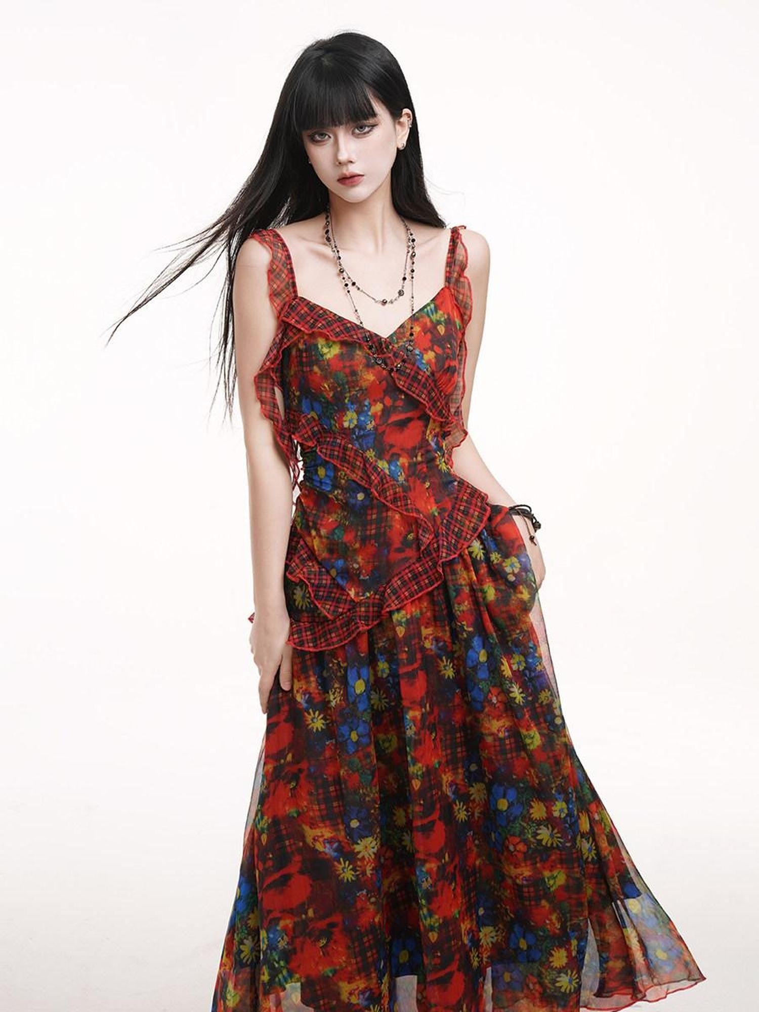 LADYGHOST Ethereal Red Floral Print Spaghetti Strap Women&