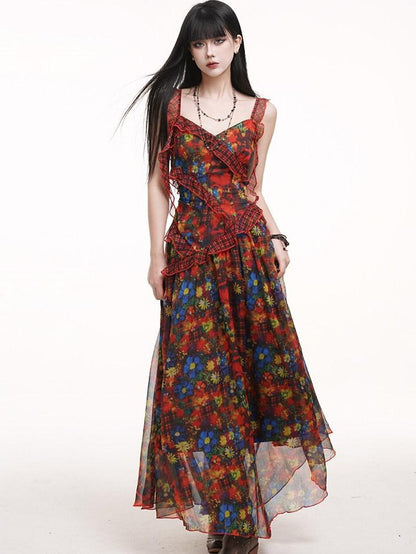 LADYGHOST Ethereal Red Floral Print Spaghetti Strap Women&