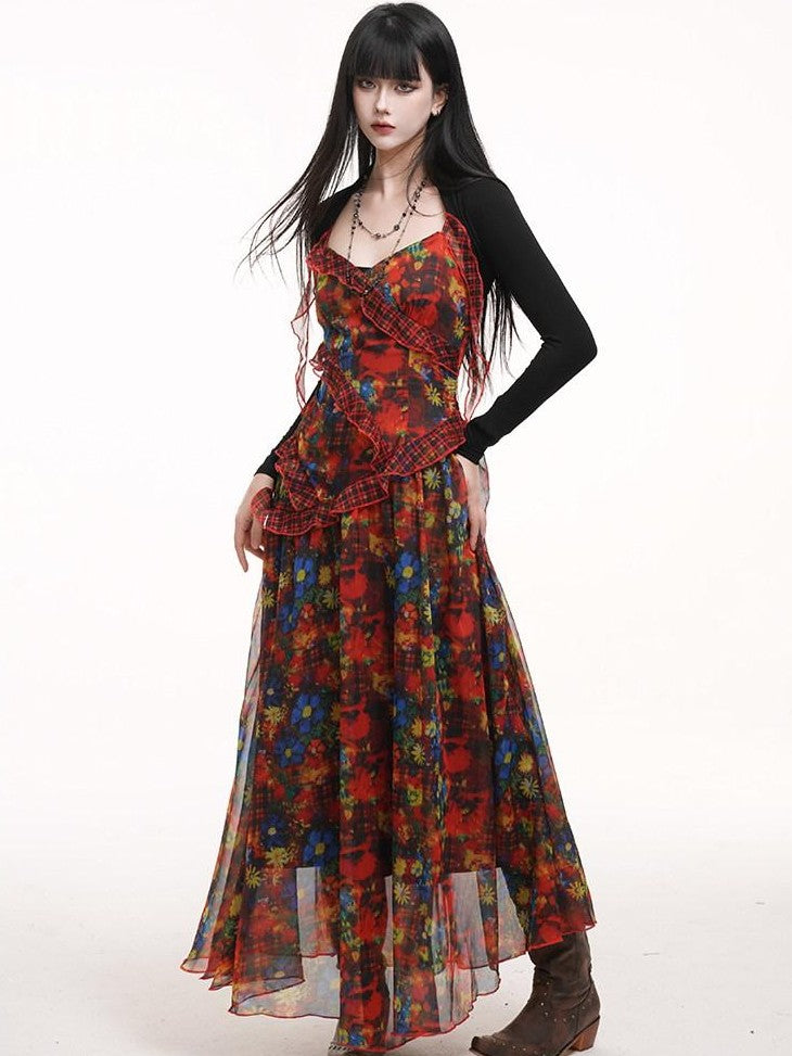 LADYGHOST Ethereal Red Floral Print Spaghetti Strap Women&