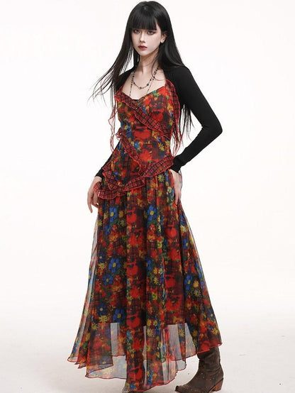 LADYGHOST Ethereal Red Floral Print Spaghetti Strap Women&