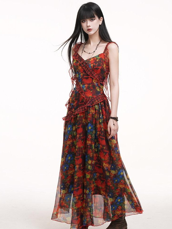 LADYGHOST Ethereal Red Floral Print Spaghetti Strap Women&