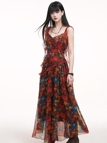 LADYGHOST Ethereal Red Floral Print Spaghetti Strap Women&