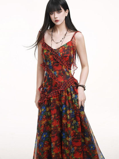 LADYGHOST Ethereal Red Floral Print Spaghetti Strap Women&