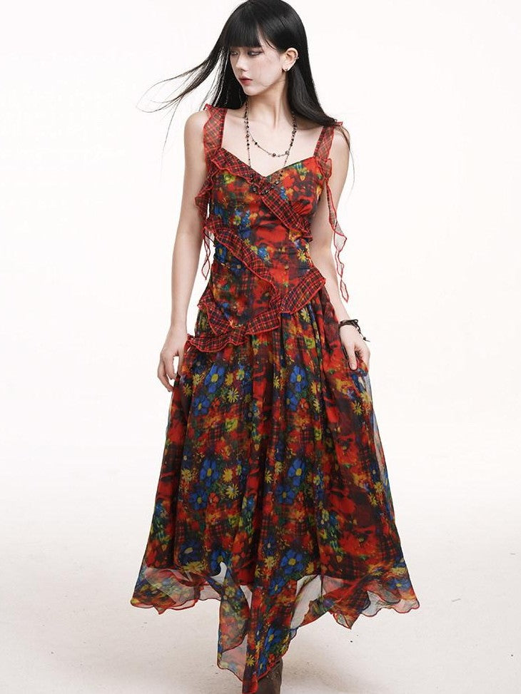 LADYGHOST Ethereal Red Floral Print Spaghetti Strap Women&
