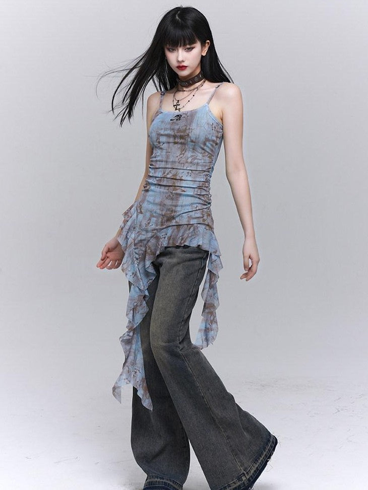 LADYGHOST Ethereal Ruffled Asymmetrical Spaghetti Strap Women&