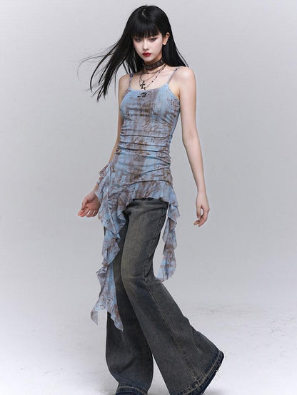 LADYGHOST Ethereal Ruffled Asymmetrical Spaghetti Strap Women&