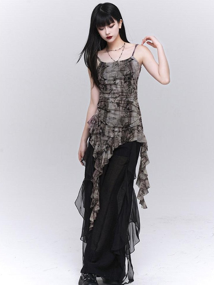 LADYGHOST Ethereal Ruffled Asymmetrical Spaghetti Strap Women&