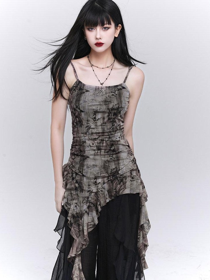 LADYGHOST Ethereal Ruffled Asymmetrical Spaghetti Strap Women&