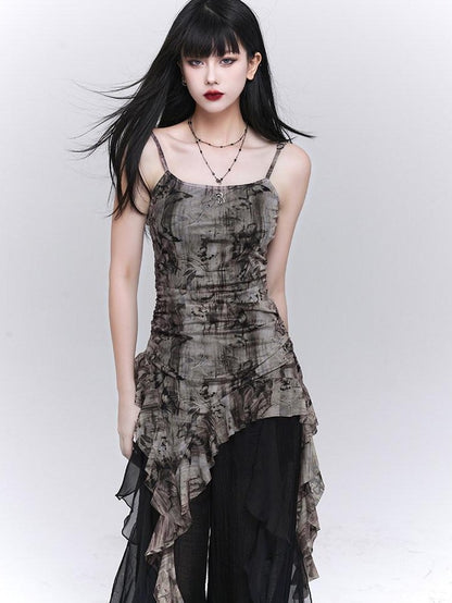 LADYGHOST Ethereal Ruffled Asymmetrical Spaghetti Strap Women&