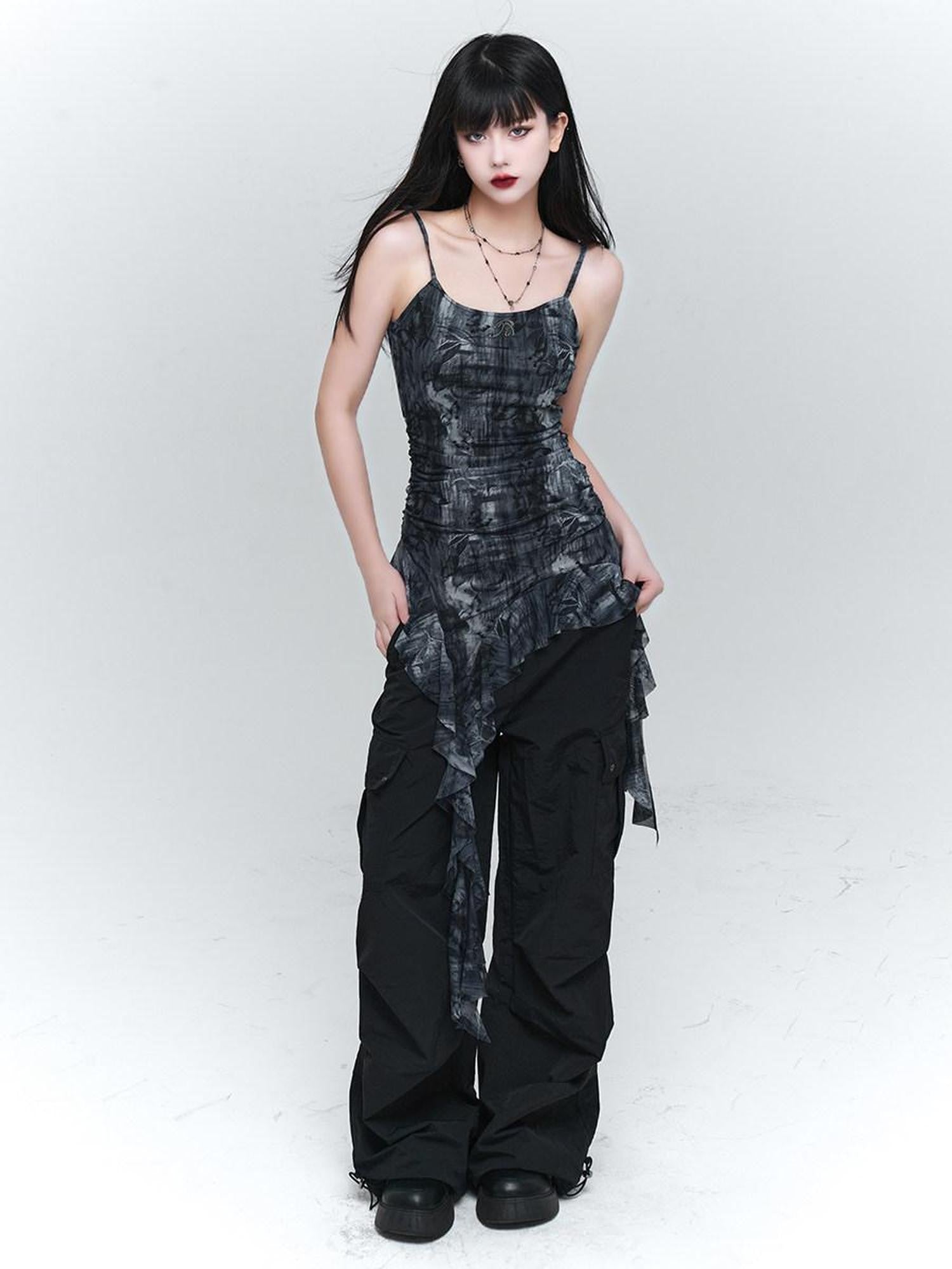 LADYGHOST Ethereal Ruffled Asymmetrical Spaghetti Strap Women&