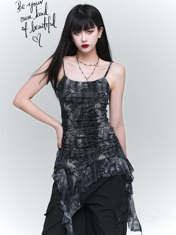 LADYGHOST Ethereal Ruffled Asymmetrical Spaghetti Strap Women&
