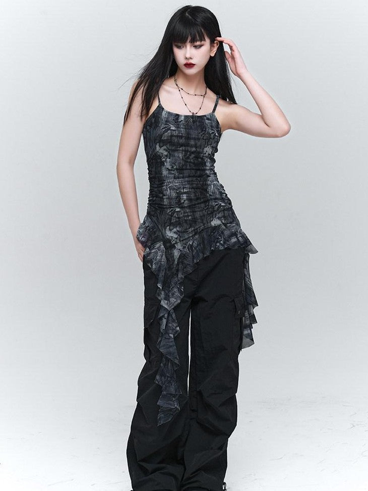 LADYGHOST Ethereal Ruffled Asymmetrical Spaghetti Strap Women&