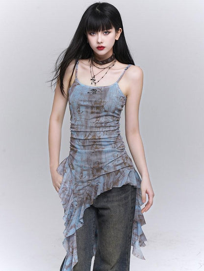 LADYGHOST Ethereal Ruffled Asymmetrical Spaghetti Strap Women&