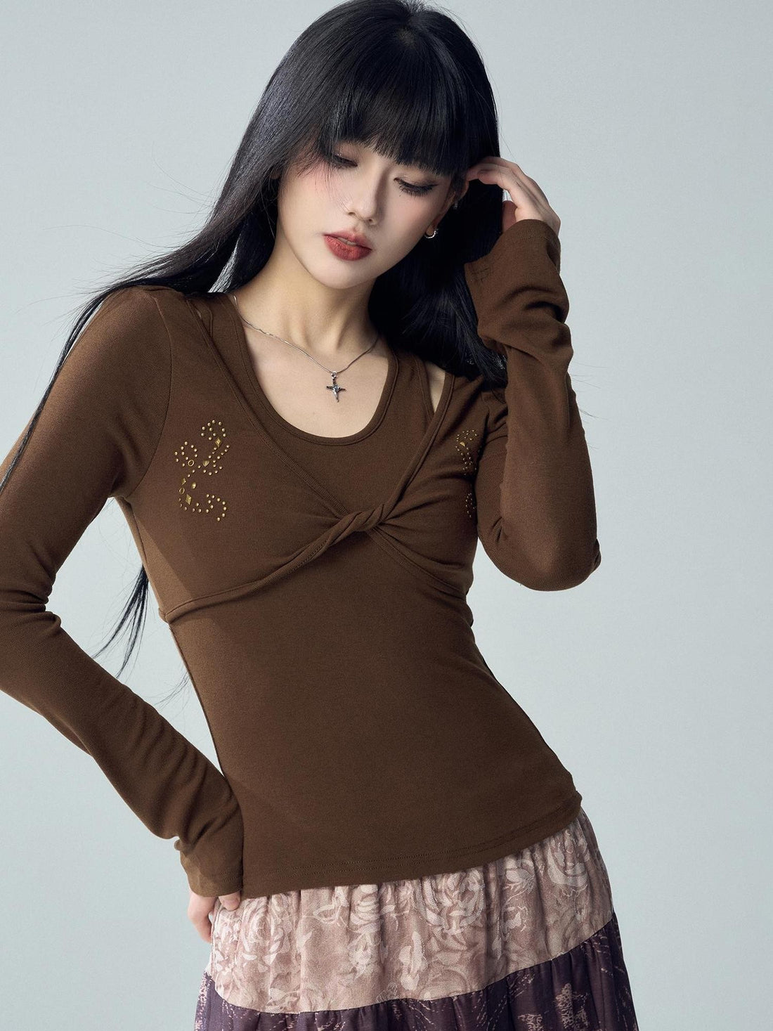 LADYGHOST Faux Two Piece Solid Color Cotton Blend Women&