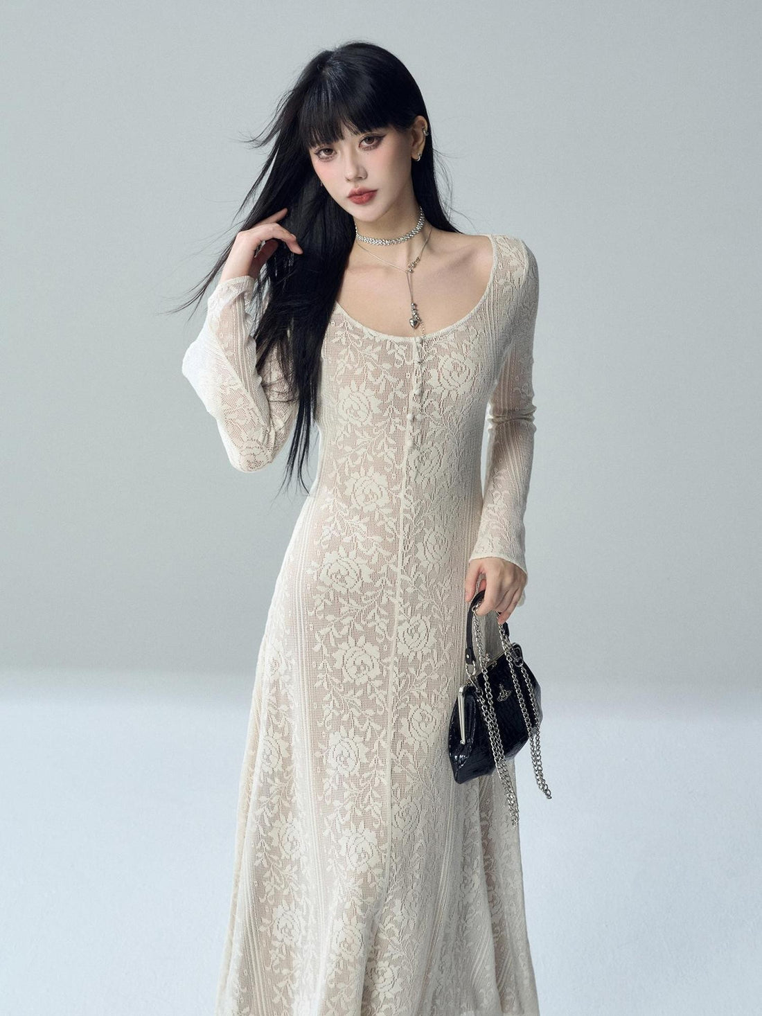 LADYGHOST French Lace Fitted Waist Flared Sleeve Women&